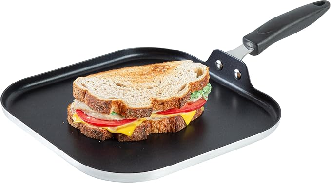 Restaurantware-Met Lux 11.3 Inch Square Griddles With Stay-Cool Handle, 10 No-Stick Flat Top Grills - Compatible With Gas And Electric, Durable, Aluminum Griddle Pans, Even-Heating, For Cooking Eggs