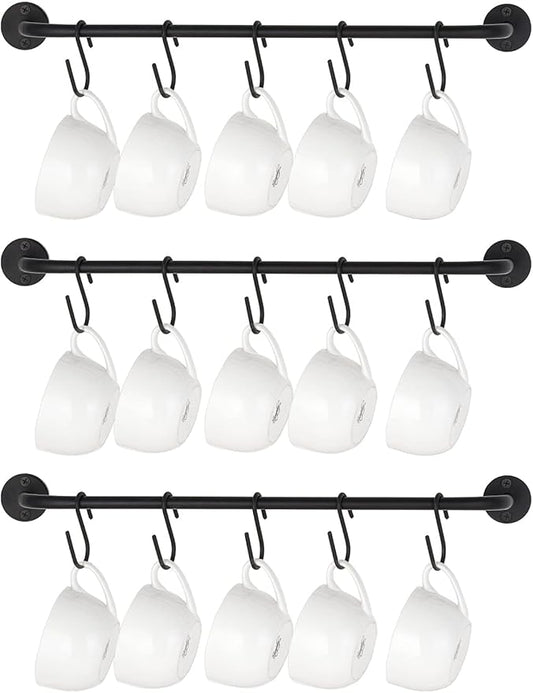 Mkono Mug Holder Wall Mounted Coffee Cup Rack Hanger Modern Metal Wall Rack with 15 Mug Hooks Rustic Utensil Tea Cups Storage Organizer for Kitchen Dining Room Coffee Bar, Set of 3, Black