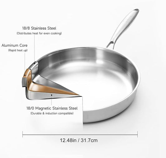 Tri-ply Stainless Steel Frying Pan 12 Inch Large Skillet for Chef's Cooking Pan Induction Oven Dishwasher Safe, Compatible with All Cooktops Up to 600℉ with Kitchen Tongs(Detachable Handle)