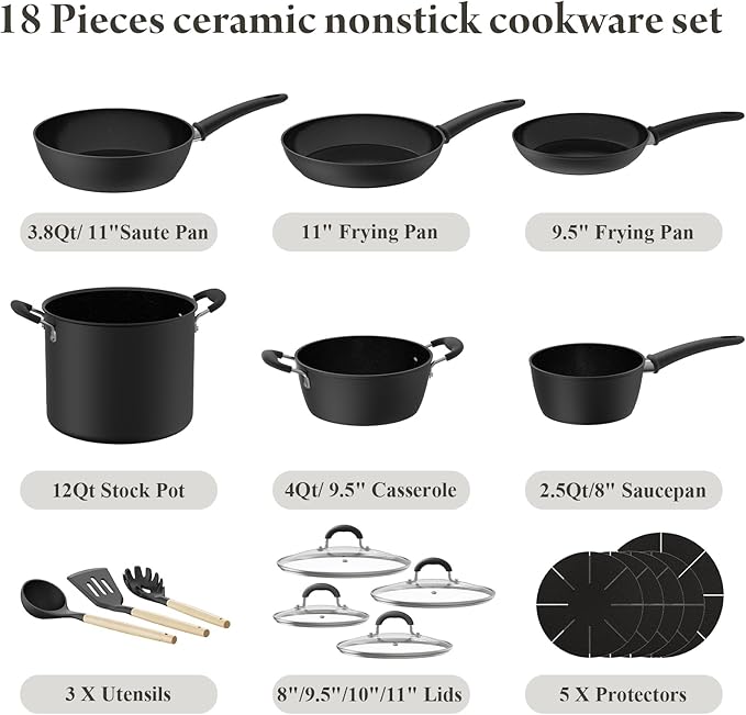 Bazova 18 Pcs Pots and Pans Set Non Stick with 12-Quart Stock Pot, Nonstick Kitchen Cookware Sets with Utensils, Large Capacity Ceramic Cookware Set, PTFE/PFAS/PFOA Free, Black