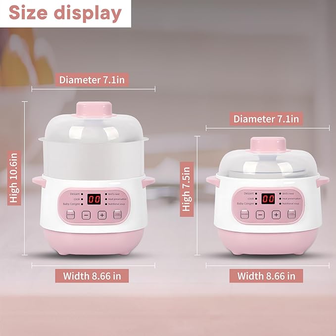 Pink 1L Ceramic Slow Cooker with Steamer Basket, 200W Mini Electric Stew Pot, 24-Hour Delayed Start & Auto Keep-Warm, Household Kitchen Safety Dry-Burn Protection Porridge & Soup Pot