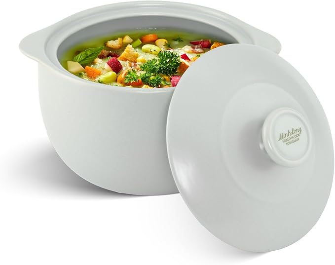MINH LONG 1-Qt Porcelain Dutch Oven with Lid – Lead & Cadmium Free, Oven Safe to 482°F, Heat Retention, Clay Pot for Cooking on Gas & Infrared Cooktop, Use to Marinate, Cook, Bake, Refrigerate & Serve