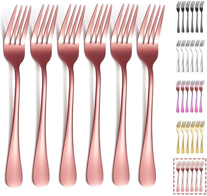 Kyraton Rose Gold Dinner Fork 6 Pieces, Stainless Steel 8.17 Inch Forks Rose Gold Titanium Plating Silverware, Copper Forks Set of 6