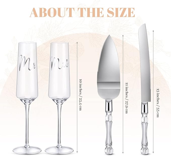 Boao 4 Pieces Wedding Toasting Flutes and Cake Server Set Wedding Reception Supplies Champagne Glasses Cake Knife Pie Server (Clear,Classic)