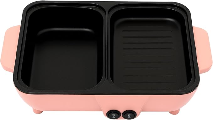 Mini Hot Pot Electric Grill, 2 in 1 Non-Stick Electric Pot Korean BBQ Grill, Indoor Smokeless Hotpot Pot Cooker, Separate Temperature Control (Pink)