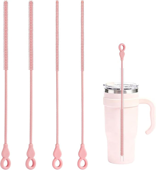 Silicone Straw Cleaner Brush, 4-Piece Reusable Straw Brush Set with Extra-Long Design for Cleaning Thin Metal Straws and Wider Milkshake Straws （6mm+9mm Pink)
