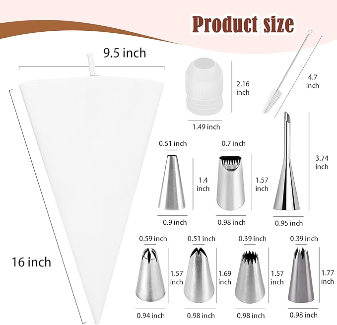 14-Piece Reusable Piping Bags and Tips Set- Cotton Baking Kit with Coupler, Stainless Steel Nozzles,Silicone Cable Ties& Cleaner for Cakes/Cupcakes/Cookies Decorating (14)
