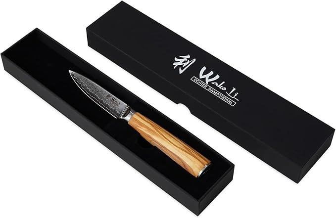 Wakoli Oribu Damascus Paring Knife – Full Tang Kitchen Knife | 3.4-Inch Blade Made of 67-Layer Damascus Steel with AUS-10 Core | Ergonomic Olive Wood Handle | Sharp & Durable