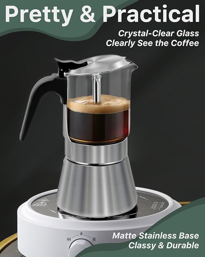 Grasseed Crystal Glass-Top Moka Pot, Brushed Stainless Steel Stovetop Espresso Maker for Italian Coffee - 6 Cup/240ml/8.4oz