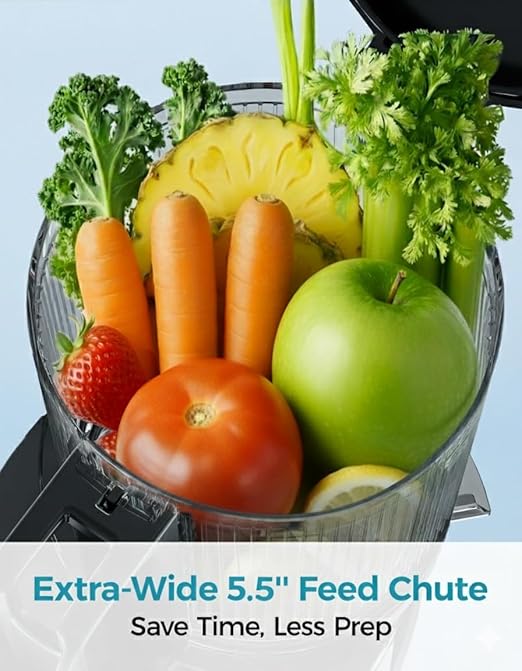 Cold Press Juicer, EUHOMY 5.5" Extra Large Feed Chute Slow Masticating Juicer, 250W Juicer Machines, 99.6% High Juice Yield, Easy to clean, Reverse Function, for Whole Vegetables & Fruits.