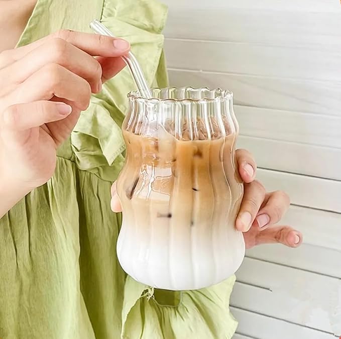 Tebery 4 Pack Ribbed Aesthetic Glass Cups with Glass Straw, 16Oz Vintage Drinking Glassware Ripple Cocktail Glasses for Iced Coffee Juice Beverage Milk RibbedGlassCups-4pc