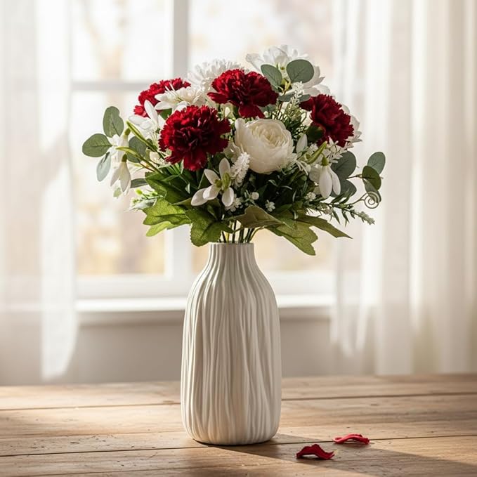 White Matte Ceramic Flower Vase - Woodgrain Sculptural with Vertical Texture, 7.2" Unique Vase for Pampas Grass/Centerpieces, Decorative Farmhouse Vase for Living Room/Office,Ideal Gift for Minimalist