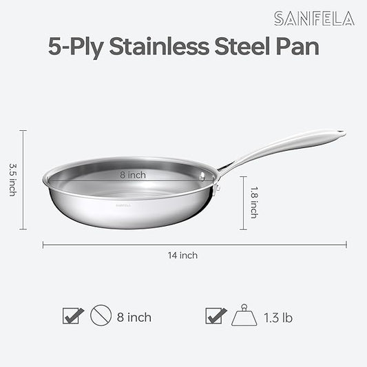 8 Inch Stainless Steel Frying Pan, 5-Ply Stainless Steel Pan, Dishwasher and Oven Safe, Induction Pan, Even Heat Distribution