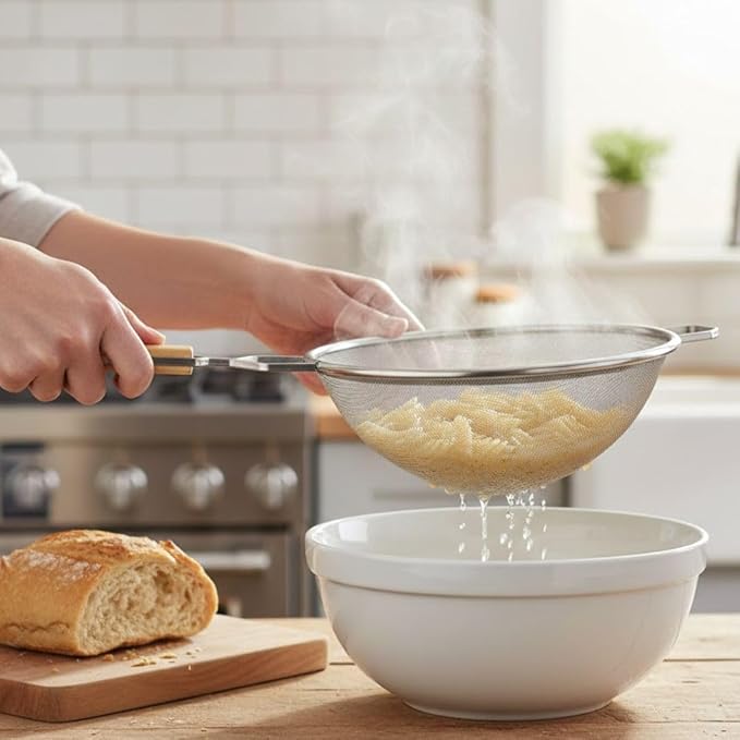 Soro Essentials- 10.25" Stainless Steel Single Fine Mesh Strainer with Wooden Handle Pan Hook- Single Tinned Fine Kitchen Food Strainer for Sift Drain Straining Liquids Stocks Sauces Soups Pasta