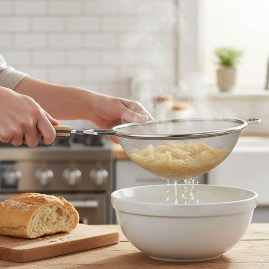 Soro Essentials- 10.25" Stainless Steel Single Fine Mesh Strainer with Wooden Handle Pan Hook- Single Tinned Fine Kitchen Food Strainer for Sift Drain Straining Liquids Stocks Sauces Soups Pasta