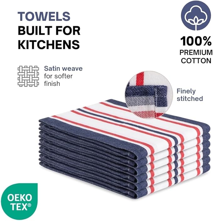 Kitchen Towel Set of 6, 100% Cotton Quick-Drying Absorbent Dish Towels & Tea Cloths, 20x30 Inch Decorative Farmhouse Towels for Kitchen, Navy,White & Red Stripe