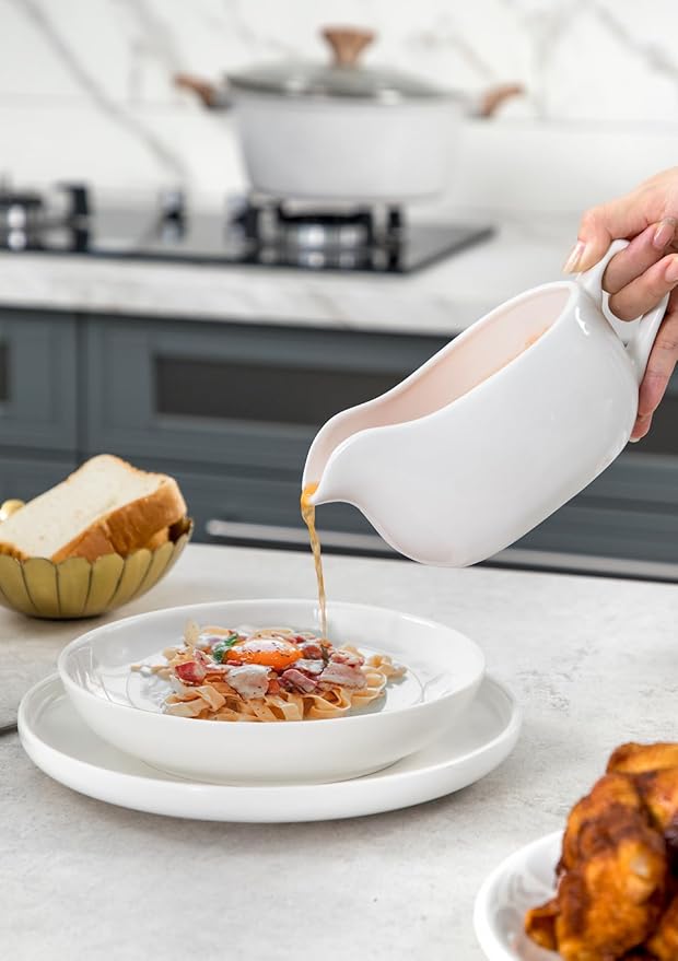 Nucookery Large 20 Oz Gravy Boat with Warmer, White Fine Porcelain Saucier with Big Dripless Lip Spout, Gravy Bowl for Thanksgiving, Warming Sauces, Salad Dressings, Microwave & Freezer Safe(Set of 2)