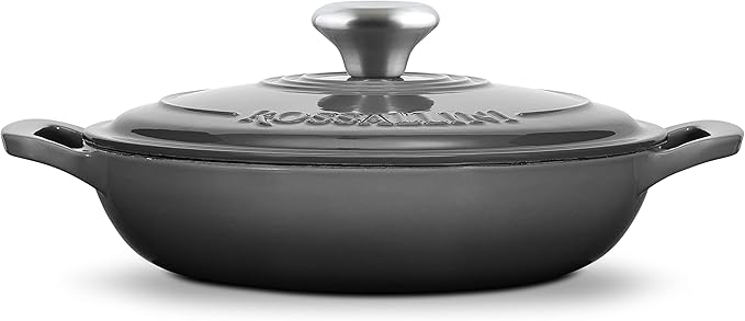 ROSSALLINI Signature Enameled Cast Iron Braiser, Non-Stick Serving Pot with Tight Fitting Lid for Perfect Roasting, Baking, Sauteing, Searing, and Pan Frying | 2.25Q (2.1L) - Oyster Grey
