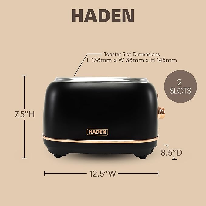 Haden Heritage 2 Slice Wide Slot Stainless Steel Toaster with Adjustable Browning Control & Non-Slip Feet, Black & Copper