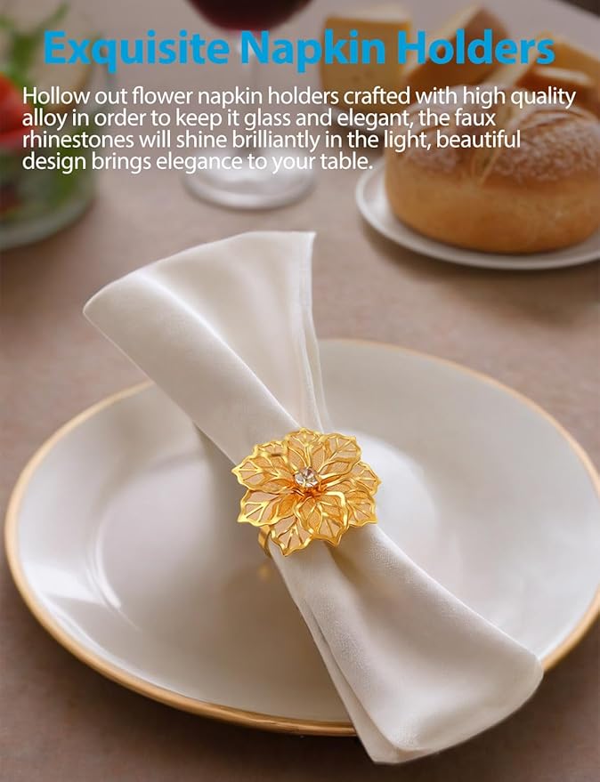 12 Pack Flower Napkin Rings Holders Clear Rhinestone Décor Dinner Party Wedding Christmas Gathering