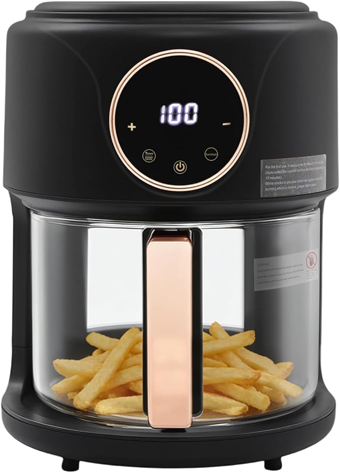 4.4 Quart Air Fryer, 1200W Glass Air Fryer with 8-1 Preset Cook Modes, 360° Viewable Halogen Oven Countertop, Precise Temp Control & Time, Cook Shrimp, Steak, Fries, Wings, Chicken (Black)