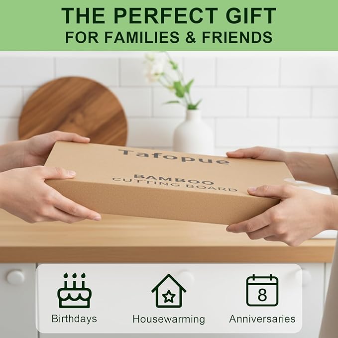 Tafopue Bamboo Cutting Board for Kitchen, Thickened Chopping Board with Juice Groove & Handles, Large Double Sided Butcher Block for Meat, Vegetables & Charcuterie Serving, 17x12x1 Inch