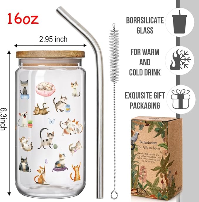 Funny Cat Glass Cups with Lids and Straws Gifts for Love Cats Women Girls, Cute Cool Cat Lover Gifts Decor Stuff Accessories, Cats Lovers Owners Christmas Gift for Daughter Sister Aunt Best Friends