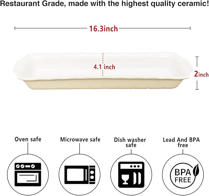 15" x 3.5" Ceramic Loaf pan, Set of 2, 27 OZ Rectangle Bakeware Baking Supplies Heritage Loaf Pan - Relatively long, for Cake Bread Meatloaf and More, Cream olor