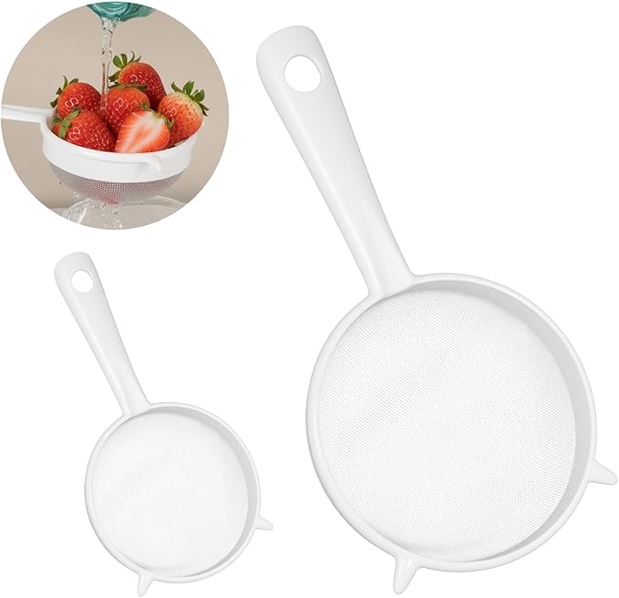 2 Pcs Plastic Mesh Strainer Colander Set, Double Ear Fine Food Mesh Strainer for Kefir Tea Coffee Nut Milk Flour Sifter Dishwasher Safe