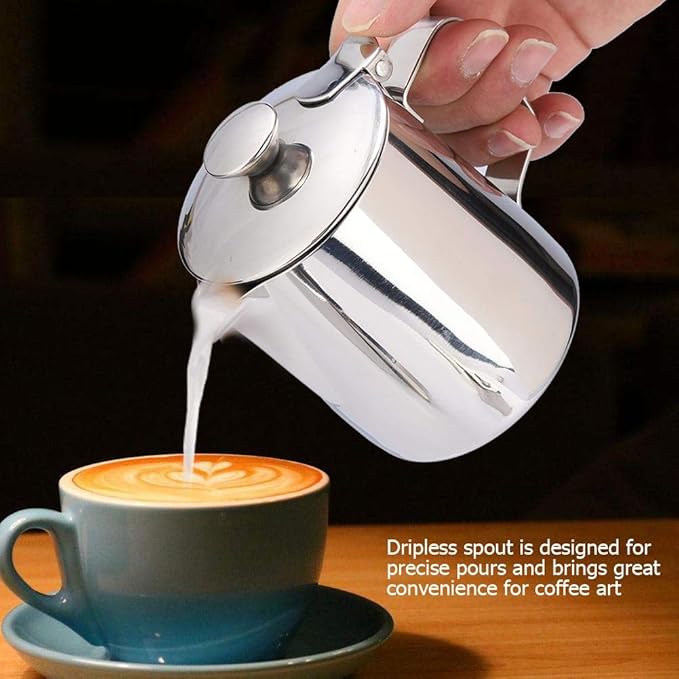 Milk Frothing Cup, Stainless Steel MugPitcher Jug with Lid Latte Coffee Art Tool for Home Cafe Bar Restaurant Hotel(350mL)