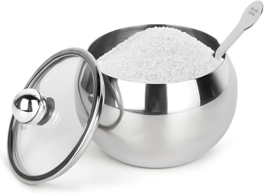 hanmir Stainless Steel Sugar Bowl with Clear Lid and Sugar Spoon 8.1 Ounces(240 Milliliter) Sugar Container for Home and Kitchen