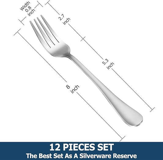 12 Piece Dinner Forks Set, Food-Grade Stainless Steel Silverware Forks, Cutlery Fork, Metal Fork for Home, Kitchen or Restaurant, Mirror Polished, Dishwasher Safe - 8 Inch