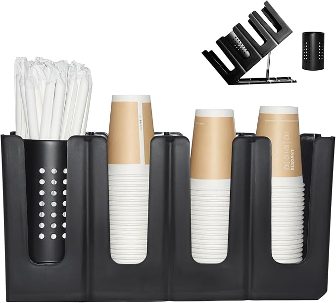 Cup Holder Lid Dispenser with Straw Organizer,4 Compartment 7 Adjusting,Disposable Paper Cup Storage Organizer for Breakroom Countertop Coffee Station Bar Restaurant Beverage Kitchen Coffee Truck
