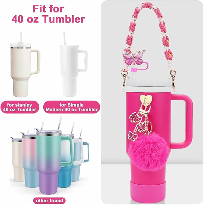 Accessories Set Including Water Bottle Handle Strap, Silicone Boot, Resin Butterfly Straw Cover, Straw Topper, Lip Balm Sleeve, Butterfly & Hairball Charms for Stanley Cup Tumbler