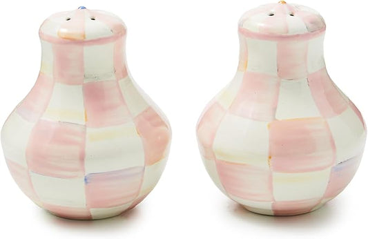 MACKENZIE-CHILDS Enamel Salt and Pepper Shakers, Kitchen Table Accessories, Pink-and-White Rosy Check