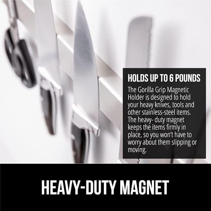 GORILLA GRIP Stainless Steel Magnetic Knife Holder for Wall, Magnet Bar for Knives, Tools, Supplies, Heavy Duty Metal Strip Holds Up to 6 lbs, Kitchen Organizer, 10 in, Non-Adhesive, Drilling Required