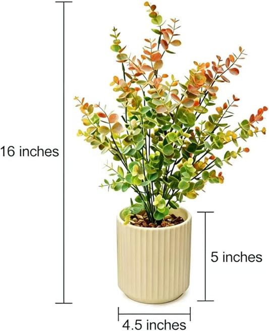 16.5" Artificial Eucalyptus Plant in Beige Ribbed Ceramic Pot Autumn Green and Orange Faux Potted Plant for Home Office Living Room Shelf Table Decor No Watering Needed