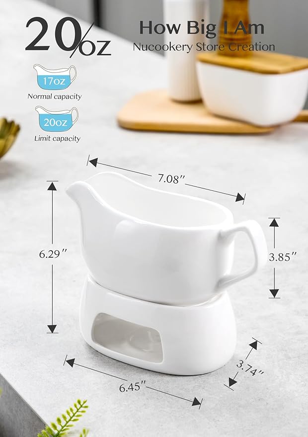 Nucookery Large 20 Oz Gravy Boat with Warmer, White Fine Porcelain Saucier with Big Dripless Lip Spout, Gravy Bowl for Thanksgiving, Warming Sauces, Salad Dressings, Microwave & Freezer Safe(Set of 2)