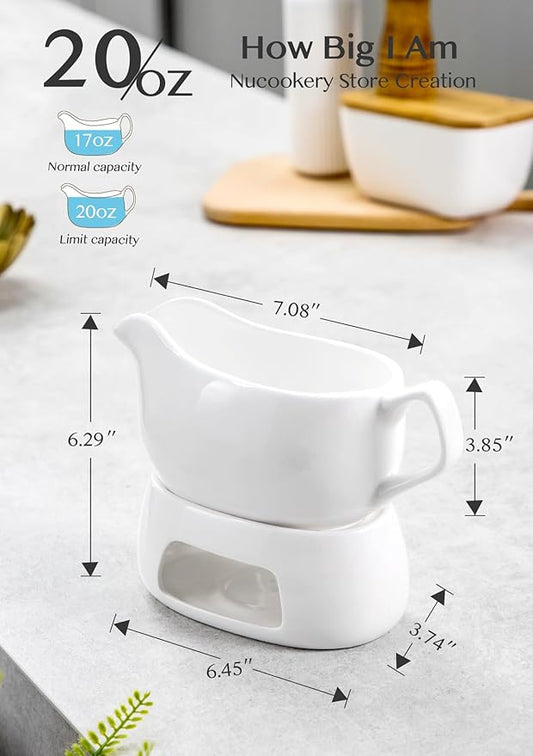 Nucookery Large 20 Oz Gravy Boat with Warmer, White Fine Porcelain Saucier with Big Dripless Lip Spout, Gravy Bowl For Thanksgiving, Warming Sauces, Salad Dressings, Microwave & Freezer Safe(Modern)