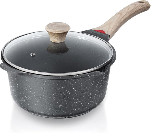 Bakoniion Ceramic Nonstick 4 QT Saucepan with Lid, Cast Aluminum Stockpot with Stay-cool Handle,Compatible with All Cooktops,Dishwasher Safe