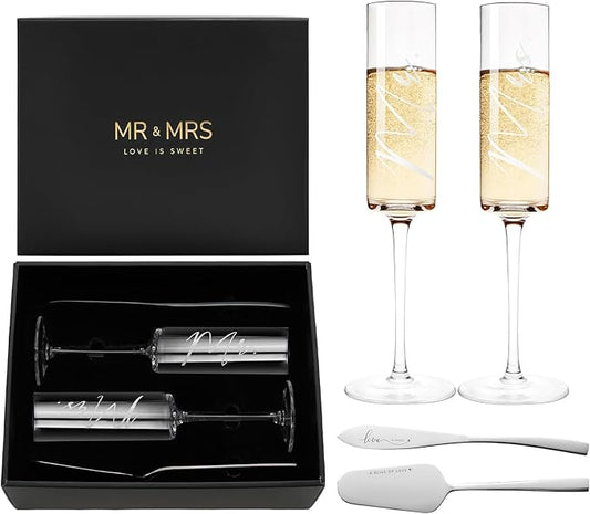 AW BRIDAL Engagement Bridal Shower Wedding Gifts for Newlywed Couples 2025, Anniversary Mr Mrs Champagne Flutes Toasting Glasses, Wedding Silver Cake Knife and Server Set with Gift Box for Bride Groom