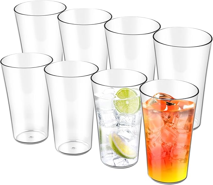 Freshmage 20oz Plastic Tumblers (Set of 8), All-Clear Reusable Water Cups, BPA-Free, Shatter-Proof, Dishwasher & Microwave Safe, Stackable Drinking Glasses for Home, Outdoor, Camping, Picnic, Pool