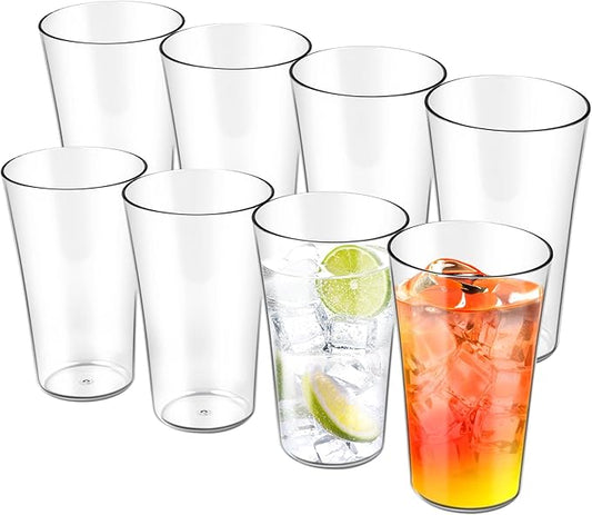Freshmage 20oz Plastic Tumblers (Set of 8), All-Clear Reusable Water Cups, BPA-Free, Shatter-Proof, Dishwasher & Microwave Safe, Stackable Drinking Glasses for Home, Outdoor, Camping, Picnic, Pool