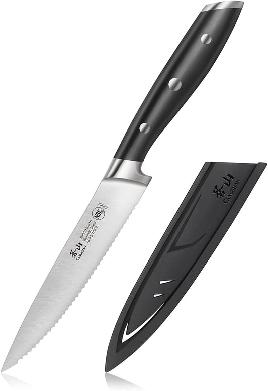 Cangshan ALPS Series 502759 German Steel Forged 5-inch Serrated Utility Knife with Sheath, Black