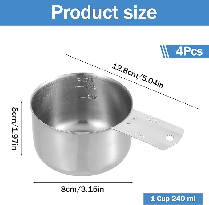 4 Pack 1 Cup Stainless Steel Measuring Cup Metal Measuring Cups with Handle Kitchen Cooking Gadgets Rice Measuring Cup for Wet and Dry Ingredients (240 ml | 240 cc | 8 oz)