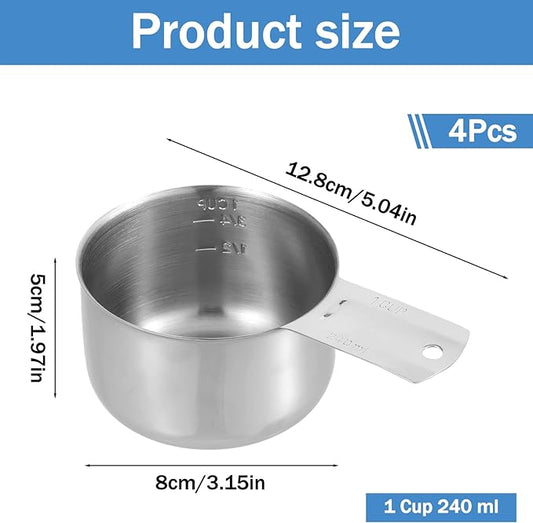 4 Pack 1 Cup Stainless Steel Measuring Cup Metal Measuring Cups with Handle Kitchen Cooking Gadgets Rice Measuring Cup for Wet and Dry Ingredients (240 ml | 240 cc | 8 oz)