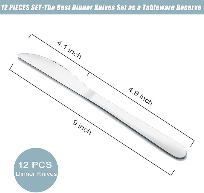 12 Pieces Butter Knives Set - 9 Inches Butter Knife, Food Grade Stainless Steel Dinner Knives Set, Mirror Polished Knife Silverware for Home, Restaurant, Kitchen, Dishwasher Safe