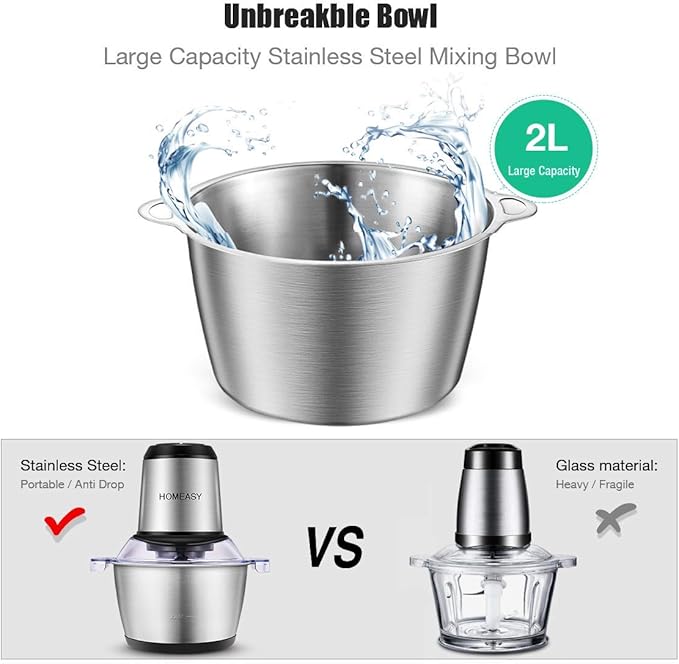 HOMEASY Meat Grinder Electric, Food Processor 2L Stainless Steel Meat Blender Food Chopper for Meat, Vegetables, Fruits and Nuts with 4 Sharp Blades, 350W, 8 Cups