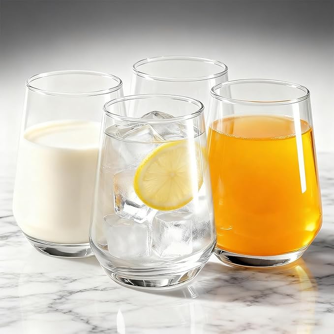 Modern Glass Drinking Cups Set, Clear Crystal Stemless Tumblers, 13.2 oz Capacity, 4.53 inch Height, 4 Pack (Transparent glass cup) Kitchen Water Iced Tea Juice Milk Beverage Glass