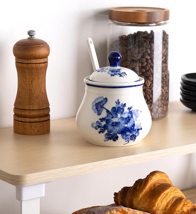 Ceramic Sugar Bowl with Lid and Spoon, 11Oz Sugar Container for Coffee Bar, Blue and White Sugar Jar/Dispenser, Flower